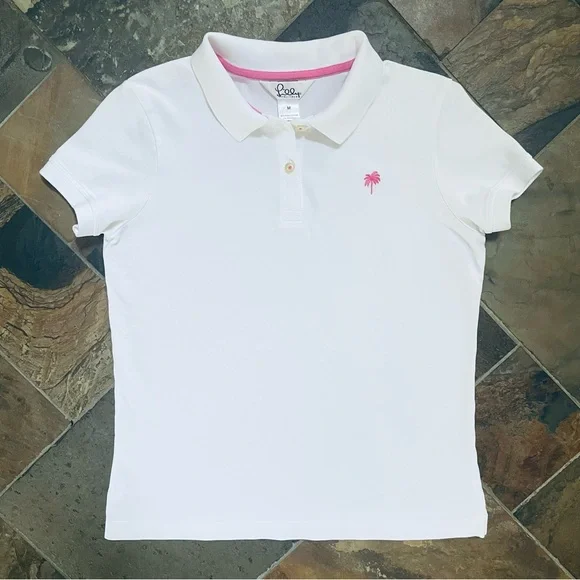 Lilly Pulitzer•M•Vintage White/Hot Pink Polo Shirt•95% Pima Cotton~5% Spandex🌼 - Picture 1 of 9